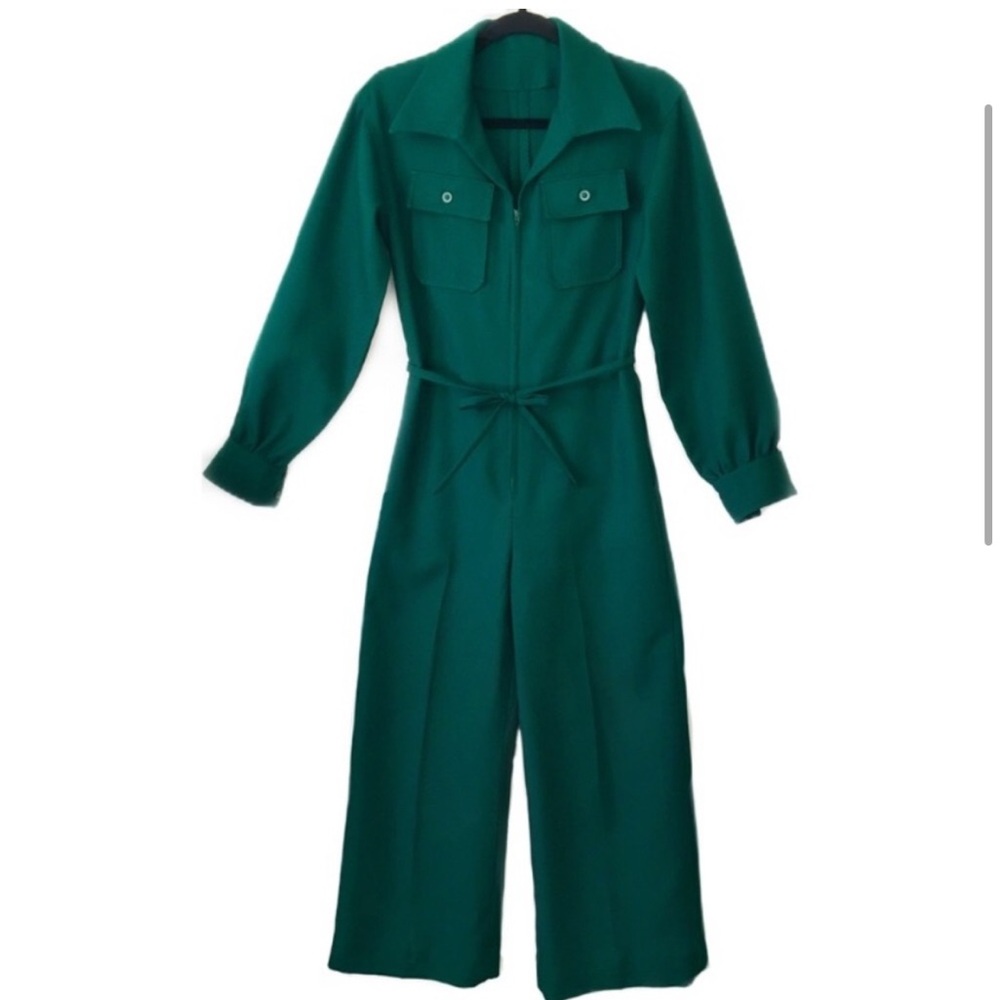 Vintage 1970s Emerald Green Jumpsuit Flare Wide Leg Jade